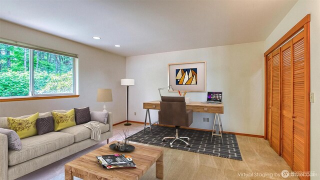 55 Langell Ln, Orcas Island, WA 98245 - office area with light colored carpet, baseboards, and recessed lighting
