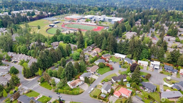 14502 Main St, Bellevue, WA 98007 - aerial view of property and surrounding area featuring nearby suburban area