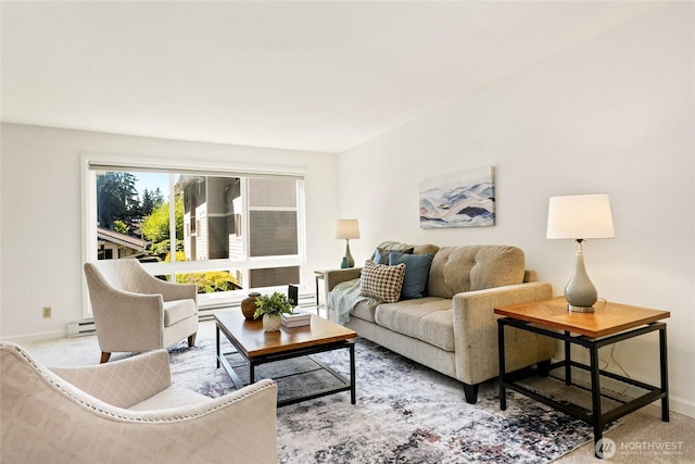 15212 NE 8th St Unit F3, Bellevue, WA 98007 - living area with carpet floors, a baseboard heating unit, and baseboards
