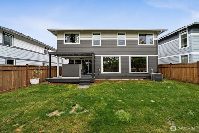 20006 149th St E, Bonney Lake, WA 98391 - back of property with a wooden deck, ceiling fan, and central AC