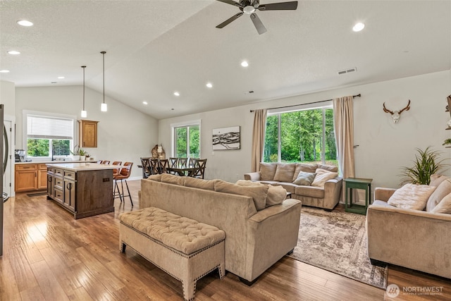 266 Fir Rd, Ariel, WA 98603 - living area featuring lofted ceiling, healthy amount of natural light, wood-type flooring, ceiling fan, and recessed lighting