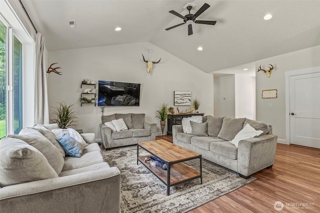 266 Fir Rd, Ariel, WA 98603 - living area featuring a ceiling fan, wood finished floors, recessed lighting, and vaulted ceiling
