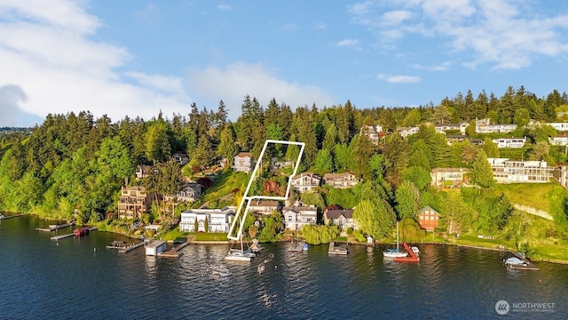 16015 Inglewood Rd NE, Kenmore, WA 98028 - aerial view of property and surrounding area featuring property parcel outlined and a large body of water