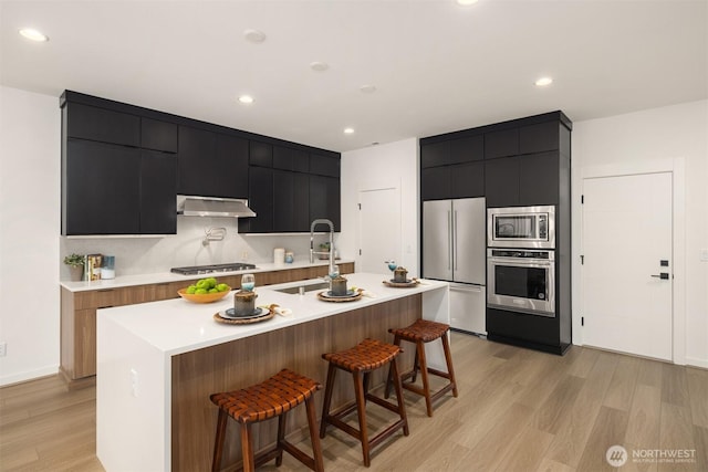 27335SITE401 NE Walden Way, Duvall, WA 98019 - kitchen with appliances with stainless steel finishes, dark cabinetry, under cabinet range hood, a sink, and recessed lighting