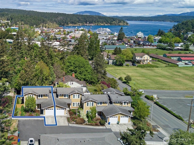 625 Argyle Ave Unit D, Friday Harbor, WA 98250 - aerial view of residential area with a water and mountain view and a forest
