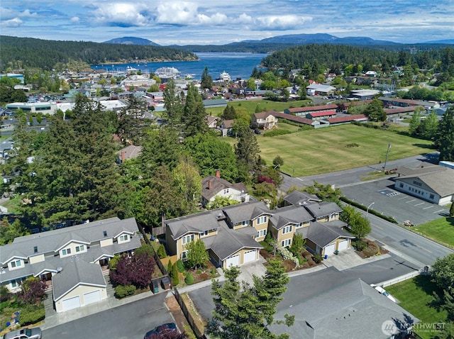 625 Argyle Ave Unit D, Friday Harbor, WA 98250 - aerial perspective of suburban area with a water and mountain view and a heavily wooded area