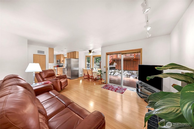163 Polo Park Dr, Bellingham, WA 98229 - living area featuring light wood-style floors, ceiling fan, and rail lighting