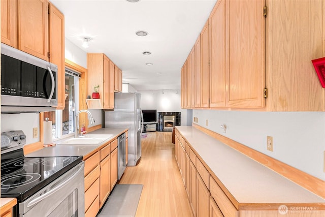 163 Polo Park Dr, Bellingham, WA 98229 - kitchen with appliances with stainless steel finishes, light wood-style floors, and light brown cabinets