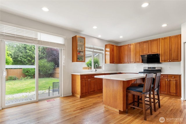 kitchen featuring ventilation hood, light countertops, a breakfast bar area, a kitchen island, and a sink