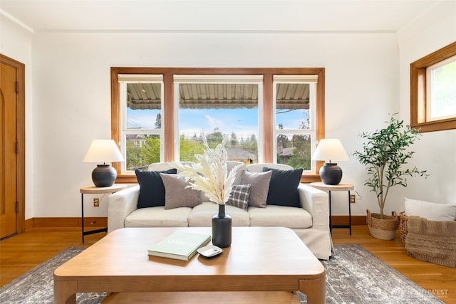 living area with wood finished floors and baseboards