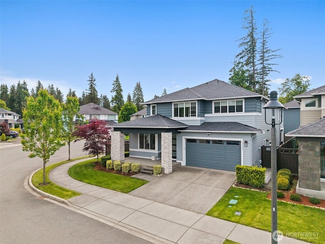 24821 237th Ln SE, Maple Valley, WA 98038 - view of front of house with a shingled roof, driveway, an attached garage, and a porch