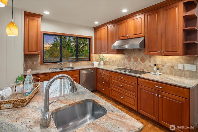 5310 W Mercer Way, Mercer Island, WA 98040 - kitchen with dishwasher, under cabinet range hood, black electric cooktop, a sink, and recessed lighting