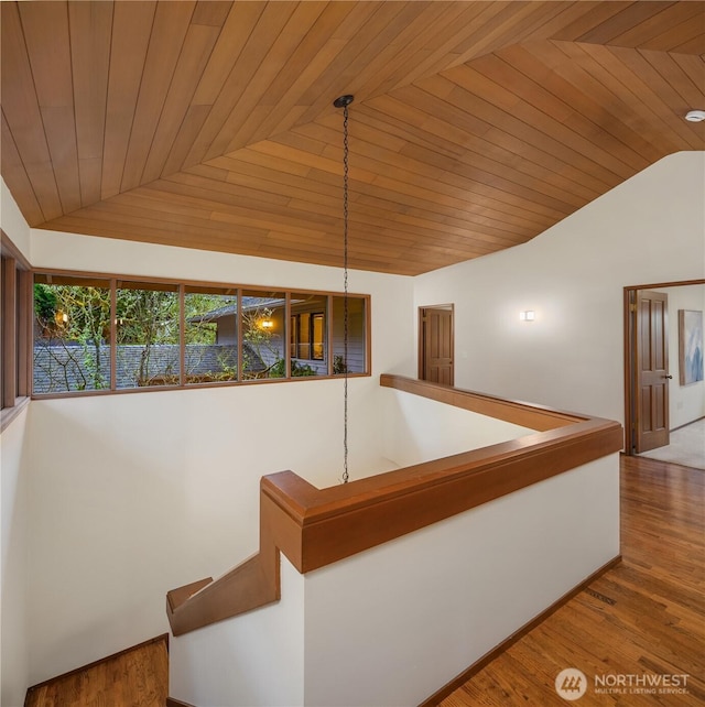 5310 W Mercer Way, Mercer Island, WA 98040 - staircase featuring lofted ceiling, wooden ceiling, and wood finished floors