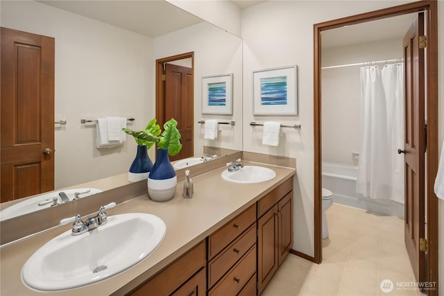 5310 W Mercer Way, Mercer Island, WA 98040 - full bathroom featuring double vanity, toilet, and shower / bath combo with shower curtain