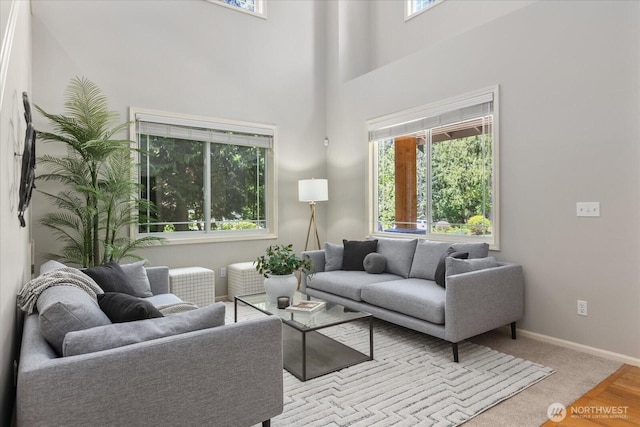 living room featuring baseboards and a towering ceiling
