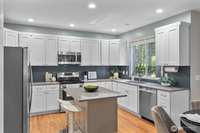kitchen with stainless steel appliances, a sink, light stone countertops, tasteful backsplash, and white cabinets