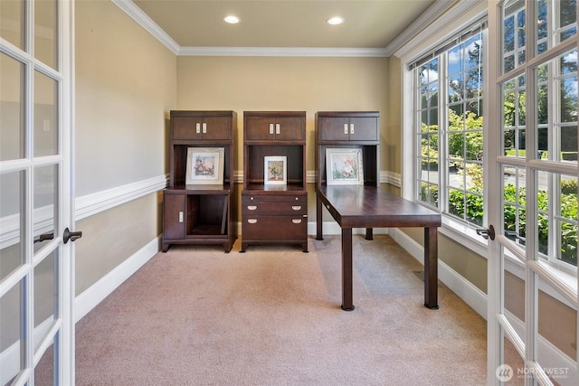 unfurnished office featuring french doors, light carpet, baseboards, crown molding, and recessed lighting