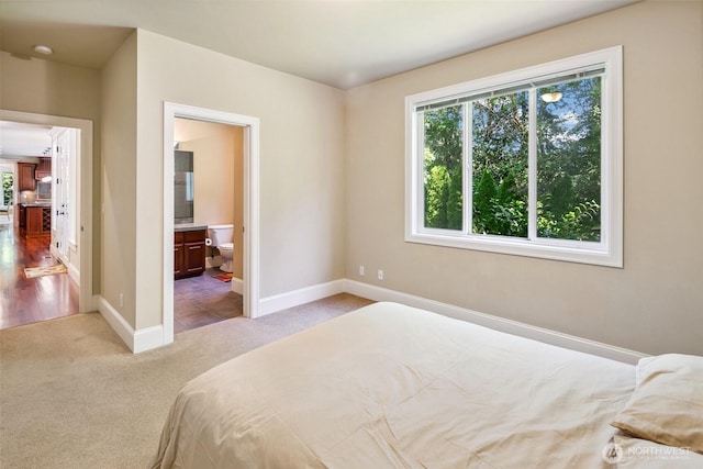 bedroom featuring multiple windows, baseboards, carpet, and ensuite bath