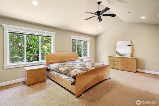 bedroom with baseboards, lofted ceiling, recessed lighting, light colored carpet, and ceiling fan