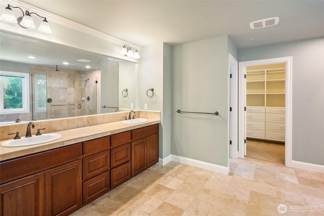 bathroom with a shower stall, baseboards, a walk in closet, and double vanity
