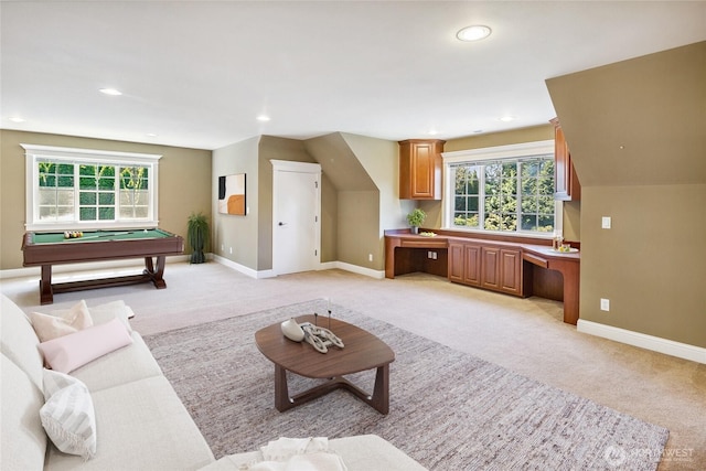 living room with light carpet, baseboards, and recessed lighting