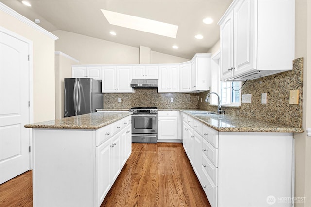 2222 60th Ln NW, Olympia, WA 98502 - kitchen featuring stainless steel appliances, a sink, under cabinet range hood, a skylight, and lofted ceiling