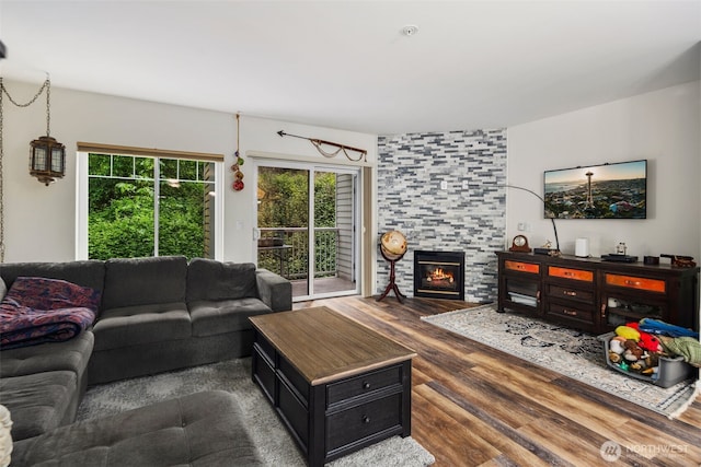 living room with dark wood-style flooring and a fireplace