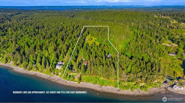 21402 S Herron Rd NW, Lakebay, WA 98349 - aerial overview of property's location with a forest, property parcel outlined, and a large body of water