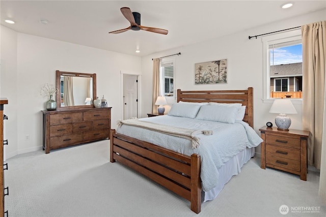 12713 176th Ave E, Bonney Lake, WA 98391 - bedroom with light colored carpet, recessed lighting, and ceiling fan