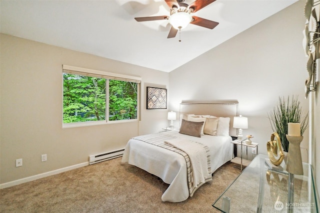 13015 102nd Ln NE Unit 2, Kirkland, WA 98034 - bedroom featuring a baseboard heating unit, carpet floors, vaulted ceiling, baseboards, and a ceiling fan