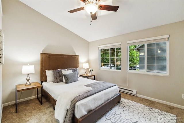 13015 102nd Ln NE Unit 2, Kirkland, WA 98034 - carpeted bedroom with a baseboard heating unit, baseboards, lofted ceiling, and ceiling fan