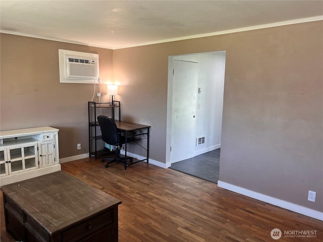 235 Ivy St NE, Ephrata, WA 98823 - office space with a wall mounted AC, dark wood-type flooring, baseboards, and ornamental molding