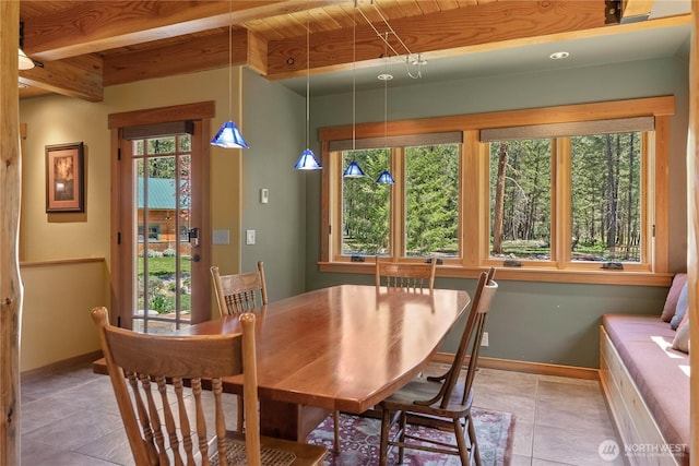 dining area featuring light tile patterned floors, plenty of natural light, beamed ceiling, wood ceiling, and baseboards