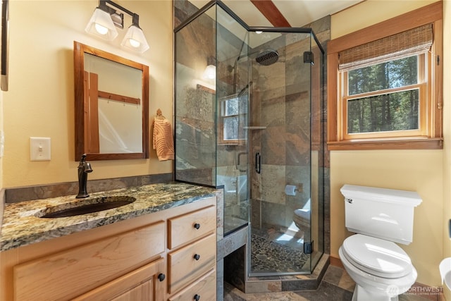 full bath with toilet, a stall shower, and vanity