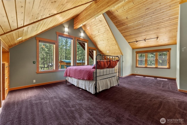 carpeted bedroom with wood ceiling and baseboards