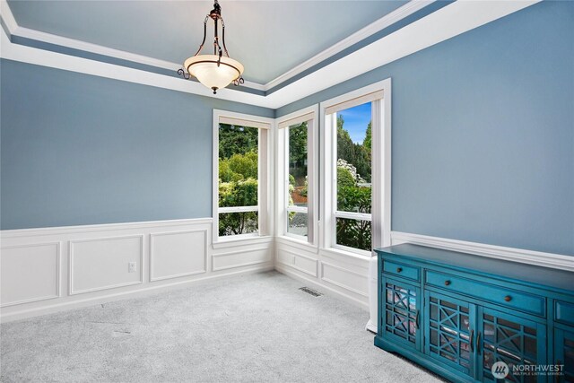 unfurnished room with plenty of natural light, wainscoting, carpet floors, crown molding, and a decorative wall