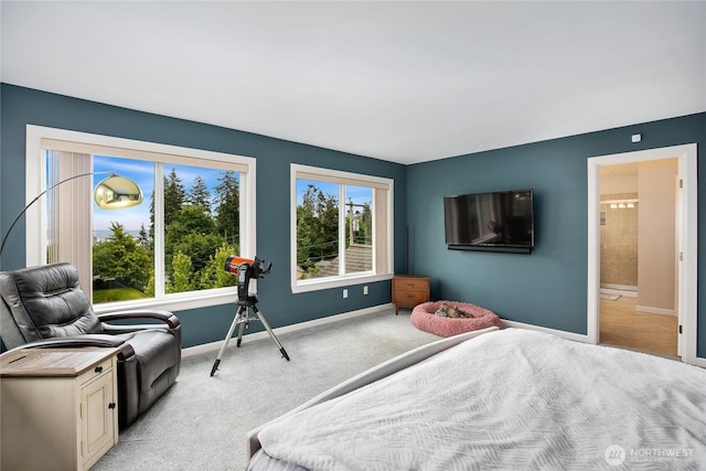 bedroom with baseboards and light carpet
