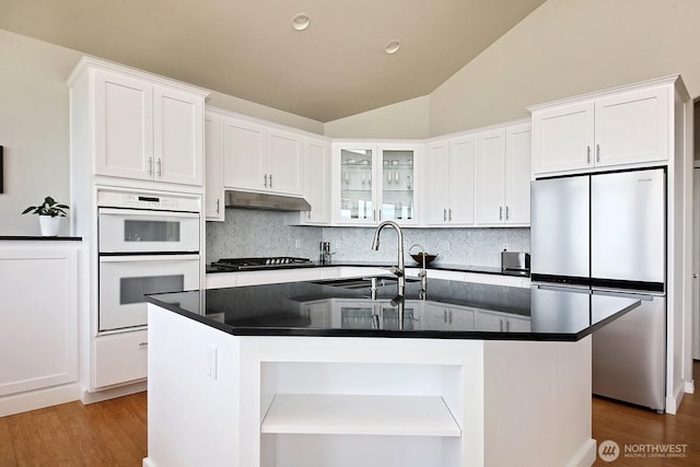 4638 Tanner View Dr, Clinton, WA 98236 - kitchen featuring freestanding refrigerator, under cabinet range hood, a sink, white double oven, and tasteful backsplash