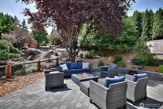 4638 Tanner View Dr, Clinton, WA 98236 - view of patio with an outdoor living space with a fire pit and a fenced backyard