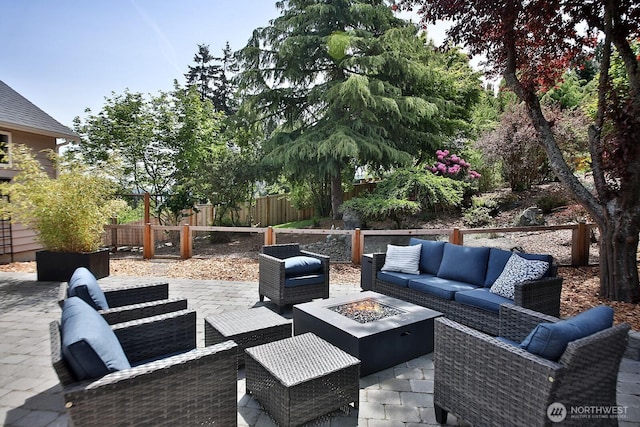 4638 Tanner View Dr, Clinton, WA 98236 - view of patio featuring an outdoor living space with a fire pit and fence