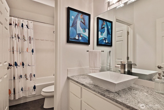 4638 Tanner View Dr, Clinton, WA 98236 - bathroom featuring toilet, shower / bath combo with shower curtain, vanity, and tile patterned floors