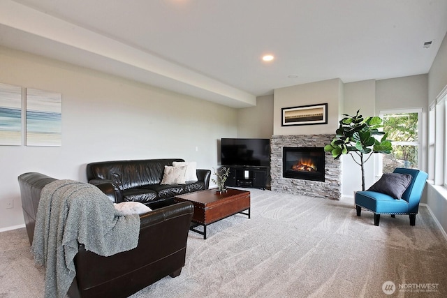 4638 Tanner View Dr, Clinton, WA 98236 - living area featuring carpet, a fireplace, baseboards, and recessed lighting
