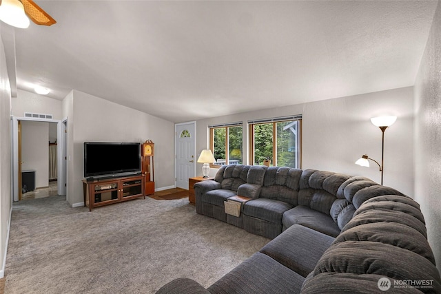 846 Deep Valley Dr, Maple Falls, WA 98266 - carpeted living area featuring vaulted ceiling and baseboards