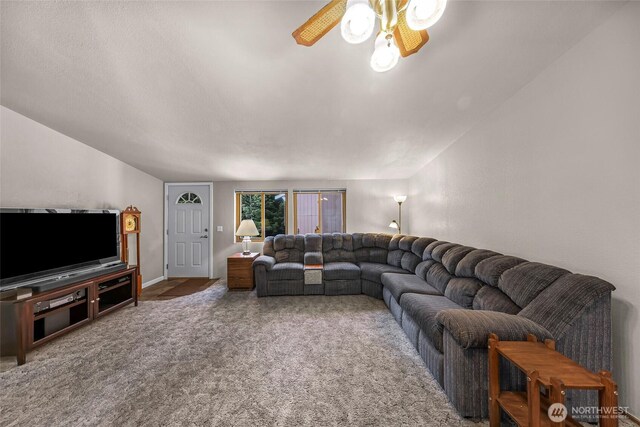 846 Deep Valley Dr, Maple Falls, WA 98266 - carpeted living room featuring lofted ceiling and ceiling fan