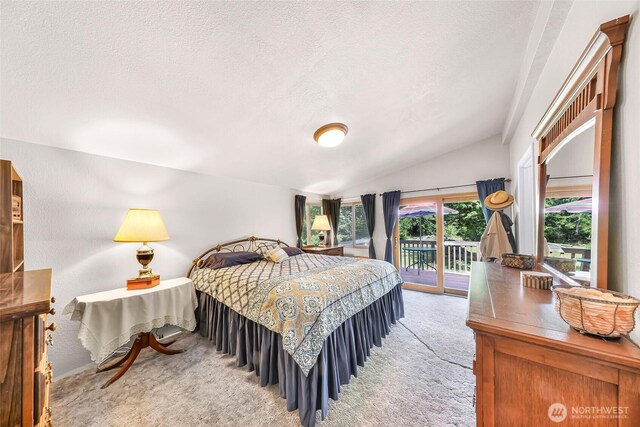 846 Deep Valley Dr, Maple Falls, WA 98266 - carpeted bedroom with access to outside, a textured ceiling, and vaulted ceiling