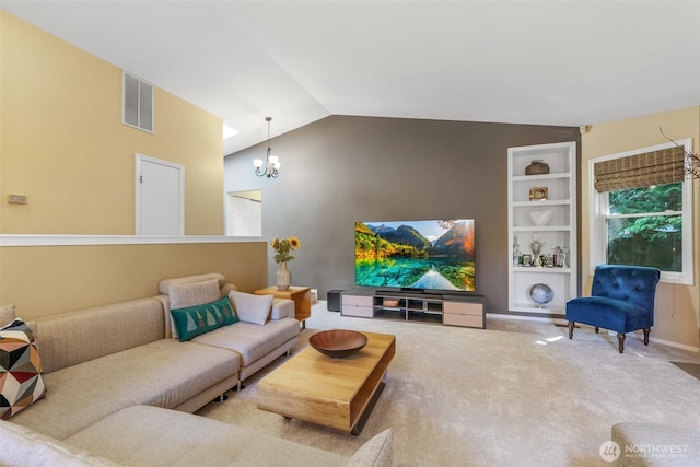 living area featuring a chandelier, built in features, lofted ceiling, carpet flooring, and baseboards