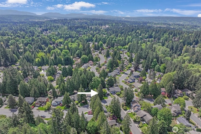 aerial view of residential area with a forest and mountains