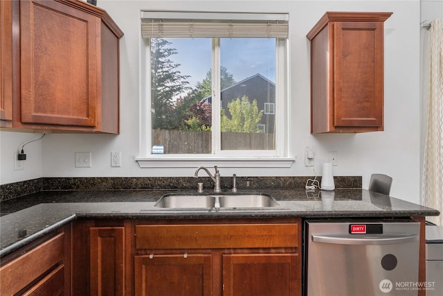 1339 E 51st St, Tacoma, WA 98404 - kitchen featuring dishwasher, a sink, dark stone counters, and brown cabinetry