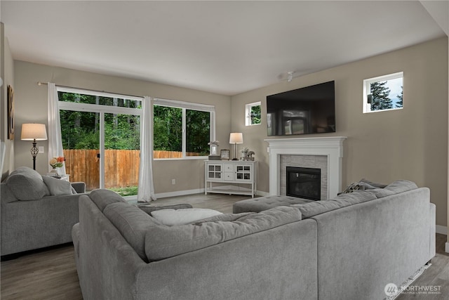 3677 SE Chesterton Dr, Port Orchard, WA 98366 - living area with wood finished floors, plenty of natural light, a glass covered fireplace, and baseboards