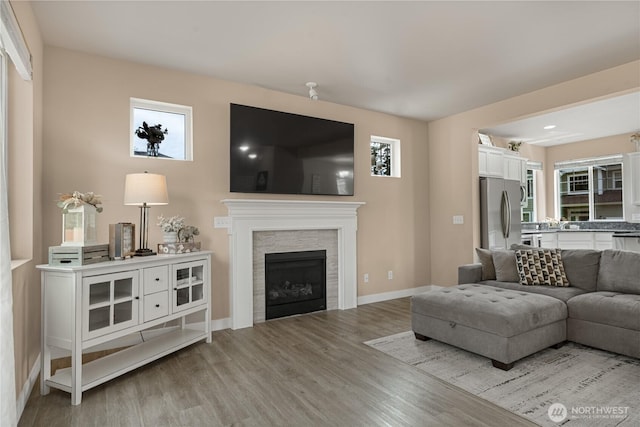 3677 SE Chesterton Dr, Port Orchard, WA 98366 - living room with light wood-type flooring, a fireplace, and baseboards